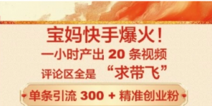 宝妈快手爆火,一小时产出 20 条视频评论区全是'求带飞’,单条引流 300 +精准创业粉-阿鑫