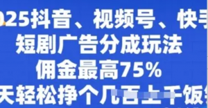 2025抖音、视频号、快手短剧广告分成玩法，佣金最高75%，每天轻松挣个几张饭钱-阿鑫