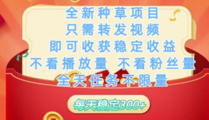 全新种草项目只需转发视频，即可收获稳定收益，不看播放量不看粉丝量，全天任务不限量，每天稳定3张【揭秘)-阿鑫