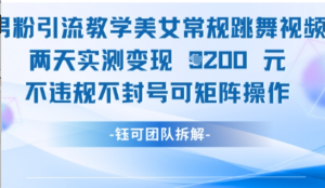 男粉引流教学美女常规跳舞视频两天实测变现1k+，不违规不封号可矩阵操作-阿鑫